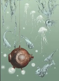 Edmond Petit Carta da parati Nautilus/ Méduses/ Nénuphars - Nautilus gauche - Aqua