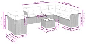 Set divano da giardino 10 pz con cuscini beige in polyrattan