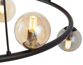 Lampada a sospensione nera con vetro fumé e ambrato rotonda a 8 luci - Monaco
