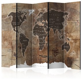Paravento Mappa del mondo su legno (5-parti) - continenti dai toni marroni