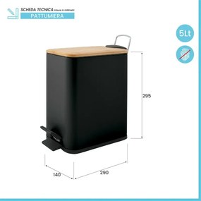 Pattumiera bagno 5 Lt in acciaio con coperchio in bambù nera con apertura a pedale Rexa