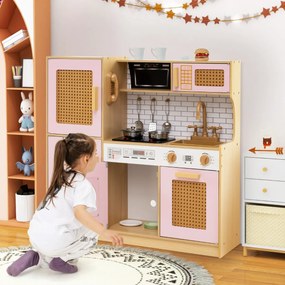 Costway Set cucina giocattolo per bambini con accessori ricchi e ante in rattan, Cucina in legno ideale per bambini da 3+ anni 2 Colori