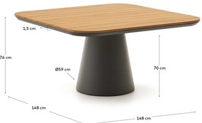 Kave Home - Tavolo da esterno Tudons in alluminio con finitura in grigio e teak FSC 100% 148 x 148 cm