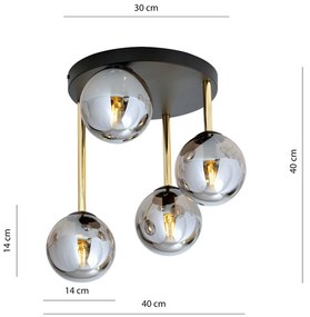 Plafoniera Contemporanea 4 Luci Teseo In Acciaio Nero Oro E Sfere Vetro Fumè