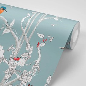 Carta da parati – Uccellini nella foresta fitta con sfondo blu