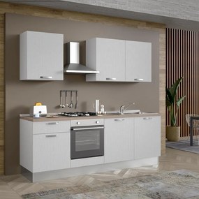 Cucina montata Dora bianco spatolato, lavello a destra, L 240 cm, completa di: cappa a camino, piano cottura a gas, forno