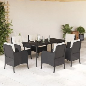 Set da pranzo da giardino 7 pz nero con cuscini in polyrattan