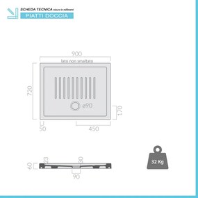 Piatto doccia 72x90 H 6 rettangolare in ceramica bianca con antiscivolo