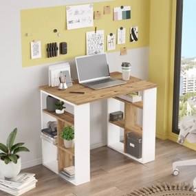 Scrivania Libreria Con Ripiani Laterali 90x60x74H Rovere E Bianco Bremen