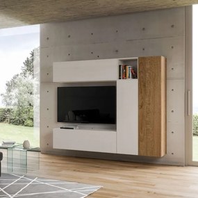Parete soggiorno Isoka A18 L.214 H.174 P.39,5 Bianco e Quercia