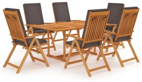 Set Da Pranzo Da Giardino 7 Pz Con Cuscini Grigi Legno Di Teak /