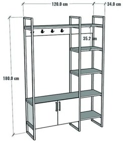 Mobile Ingresso Industrial 120x34x180 Con Scarpiera Appendiabiti E Ripiani Yago Bianco E Rovere