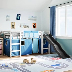 Letto A Soppalco Con Tende Bambini Blu 90x200 Cm Massello Pino /