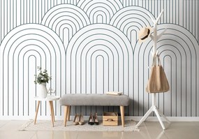 Carta da parati autoadesiva – Motivo arcobaleno Mid-Century bianco-blu