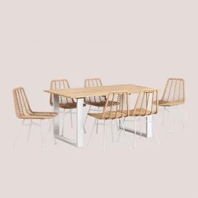 Set Tavolo Da Pranzo In Legno Melina (160x90 Cm) E 6 Sedie In Rattan Sintetico Gouda Naturale Bianco - Sklum