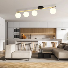 Plafoniera Contemporanea 4 Luci Achille In Acciaio Oro Nero E Sfere Vetro Bianco