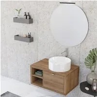 Composizione bagno sospesa Nyumba a 1 cassetto e vano a giorno con lavabo, specchio e lampada LED 80x40 cm legno rovere