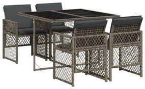 Set da pranzo da giardino 5 pz con cuscini in polyrattan grigio