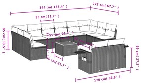 Set divani da giardino 13pz con cuscini nero in polyrattan