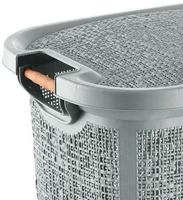 Cesto portabiancheria in plastica grigia con manici in legno capienza 60 lt