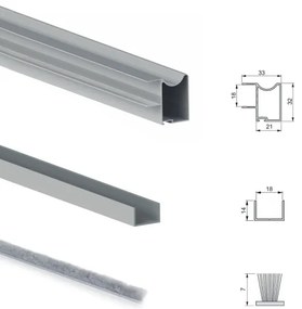 Sistema a scorrimento inferiore per armadio 2 ante di spessore 18 mm, con chiusura soft e profili in alluminio (pannelli non inc