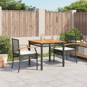 Set da pranzo da giardino 3 pz con cuscini nero in polyrattan