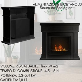 Camino a Bioetanolo da Terra Biocamino 1,8 LT Riscaldamento fino 30 m2 Bruciatore in Acciaio Inox - Nero