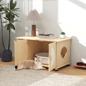 Costway Mobile per lettiera gatto con porte sisal per graffi piedini metallici regolabili, Mobile per lettiera gatto Naturale