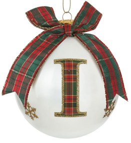 Pallina Natale lettera I tartan vetro 10 cm