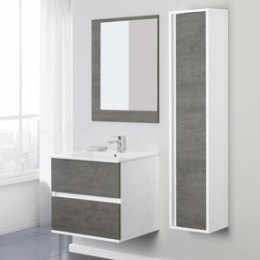 Mobile Bagno Sospeso 60 Cm Due Cassetti Specchio Su Pannello 90x80 Cm Feridras "Fabula" Bianco/Cemento