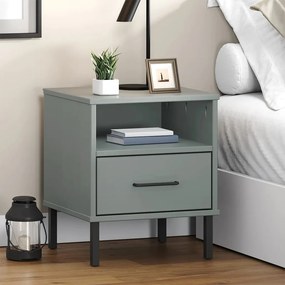 Comodino Con Gambe İn Metallo Grigio Legno Massello Pino Oslo /