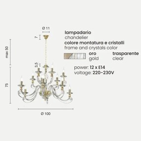 Lampadario a sospensione 1306 in vetro soffiato lavorato a mano 12 luci ORO