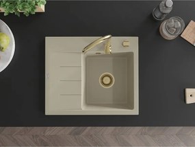 Mexen Ben lavello in granito 1-vasca con sgocciolatoio, destro 600 x 500 mm, beige, sifone dorato - 6523605000-69-G