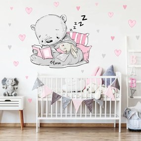 Adesivo murale - Orso addormentato con coniglietto e cuori | Inspio