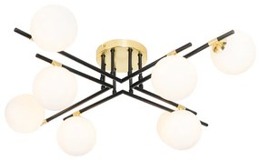 Plafoniera Art Déco nera con oro e vetro opalino 8 luci - Lynn