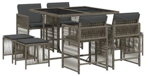 Set da pranzo da giardino 9 pz con cuscini in polyrattan grigio