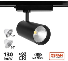 Faro LED 40W Monofase Nero 38°e 60°, 130LM/W, CRI92 no Flickering Colore  Bianco Caldo 2.700K