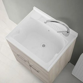 Mobile lavatoio 60x60 cm 2 ante rovere grigio con vasca in resina, asse lavapanni e kit di scarico