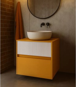 Mobile da bagno sospeso sotto lavabo Niwa 2 cassetti L 59.5 x H 50 x P 45.5 cm senape e bianco cannettato