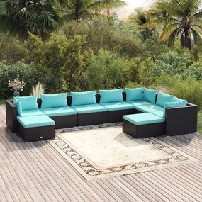 Set Divani da Giardino 9 pz con Cuscini in Polyrattan Nero