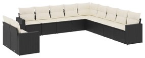 Set divani da giardino 11 pz con cuscini in polyrattan nero