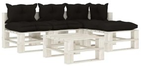 Set Divani da Giardino su Pallet 5 pz con Cuscini Neri in Legno