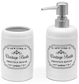 Set accessori bagno dispenser sapone e portaspazzolini in ceramica bianca vintage