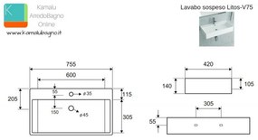 Kamalu - lavabo sospeso 75 cm litos-v75