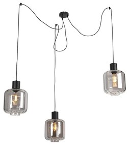 Lampada a sospensione di design nera con vetro fumé 3 luci 226 cm - Qara