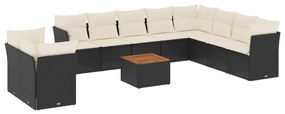 Set divani da giardino 11 pz con cuscini in polyrattan nero