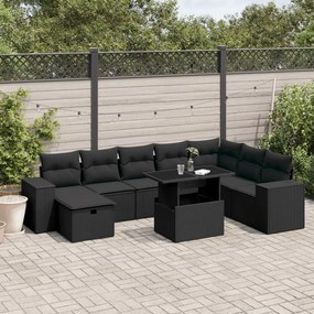 Set divani da giardino 9 pz con cuscini nero in polyrattan