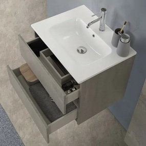 Mobile bagno sospeso 60cm in legno grigio cemento 2 cassettoni con lavabo e specchio Leda