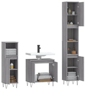 Set mobili da bagno 3 pz grigio sonoma in legno multistrato