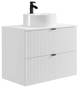 Mobile per bagno sospeso con scanalature e lavabo tondo da appoggio 80 cm Bianco opaco - ZEVINI